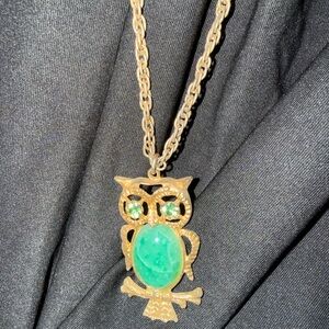 Vintage Gold and Green Owl Pendant Necklace